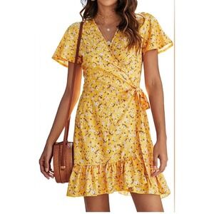 Naggoo Yellow Floral Wrap Boho Ruffle Hem Flutter Sleeves Dress Women's Medium